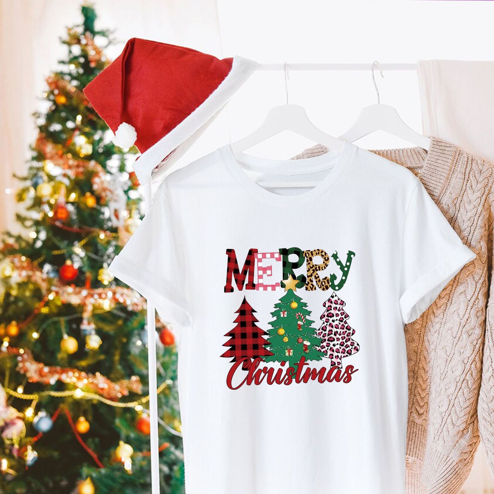 Amazon New Christmas Merry Christmas Christmas Tree Printed Loose Pullover Casual Short-sleeved T-shirt