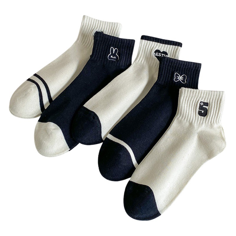 Socks Women's Short Socks Spring and Summer Thin Small Chanel Style Embroidery Love Black and White Ins Trendy College Style Japanese Pure Cotton