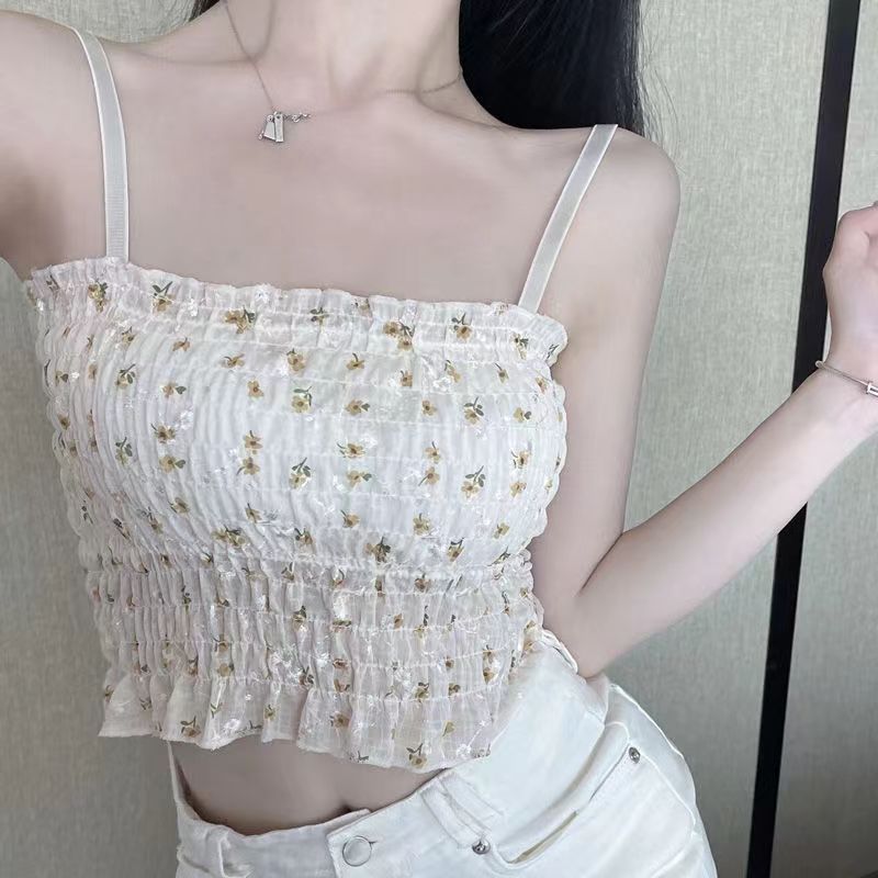 Picture of Design pleated floral camisole women's chest pad tube top beauty back outer wear slimming sweet spicy bottoming top summer