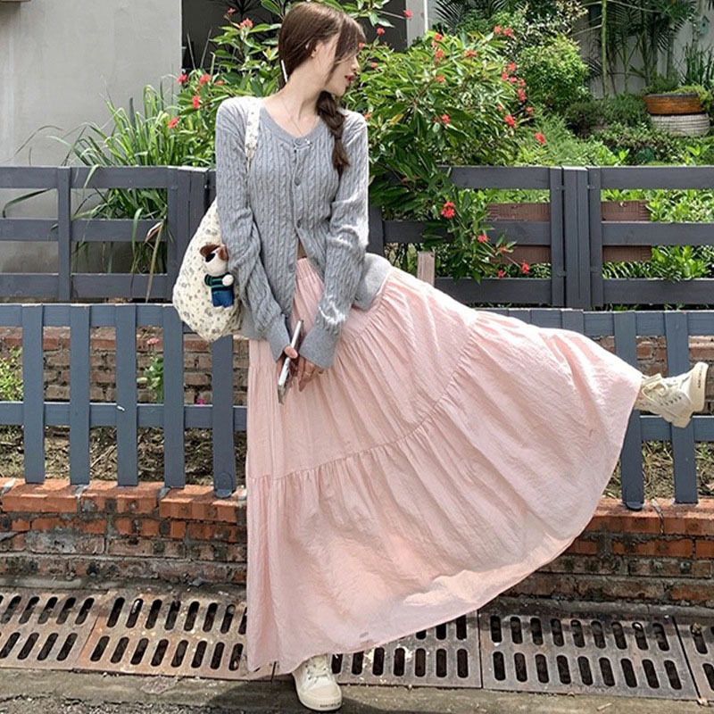 Pink Skirt Women's Spring and Autumn Summer 2024 New High Waist Slim A- Line Long Skirt Small Puffy Cake Skirt