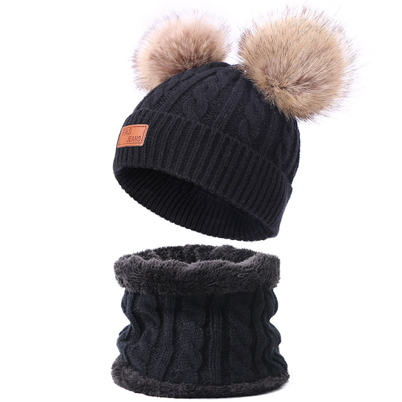 Picture of Winter Children's Neck Hat Two-Piece Pompom Baby Baby Knitted Hat Warm Wool Fleece-Lined Thickened Neck Set