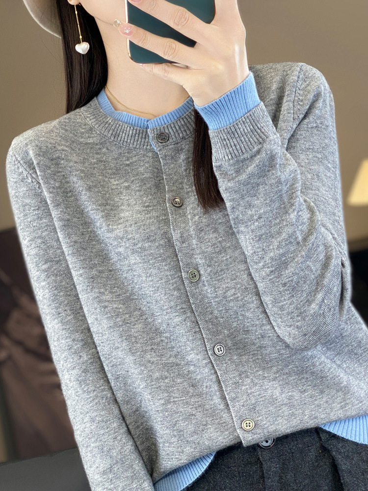 Sweater Cardigan Autumn and Winter Color-matching Crewneck Knitted Cardigan Age-reducing Jacket Spring and Autumn Women's Base Contrast Cardigan Sweater