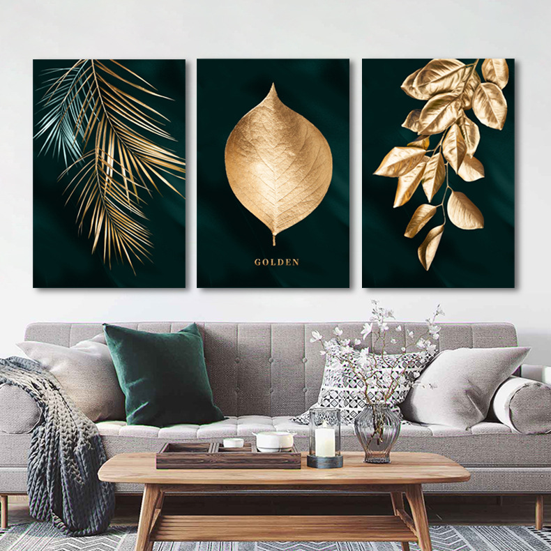 Golden Leaf Living Room Decorative Painting Plant Frameless Canvas Painting Core Printing Cross-Border Manufacturer Direct Sale Nordic Style