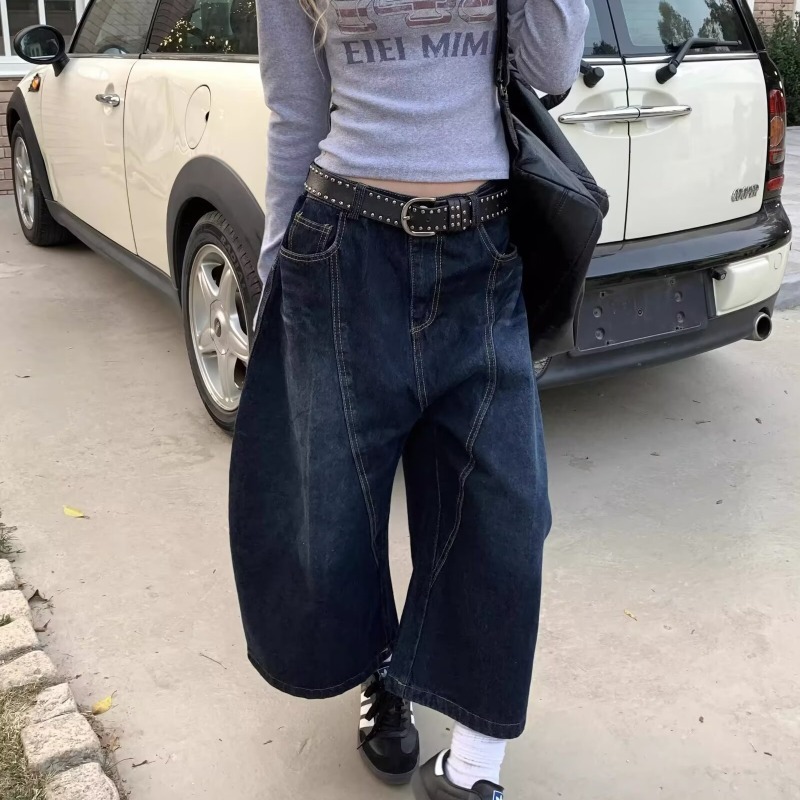 American Retro Embroidered Scimitar Denim Shorts for Women 2025 Summer Mid-Length Loose Wide-Leg Cropped Pants Sickle Pants