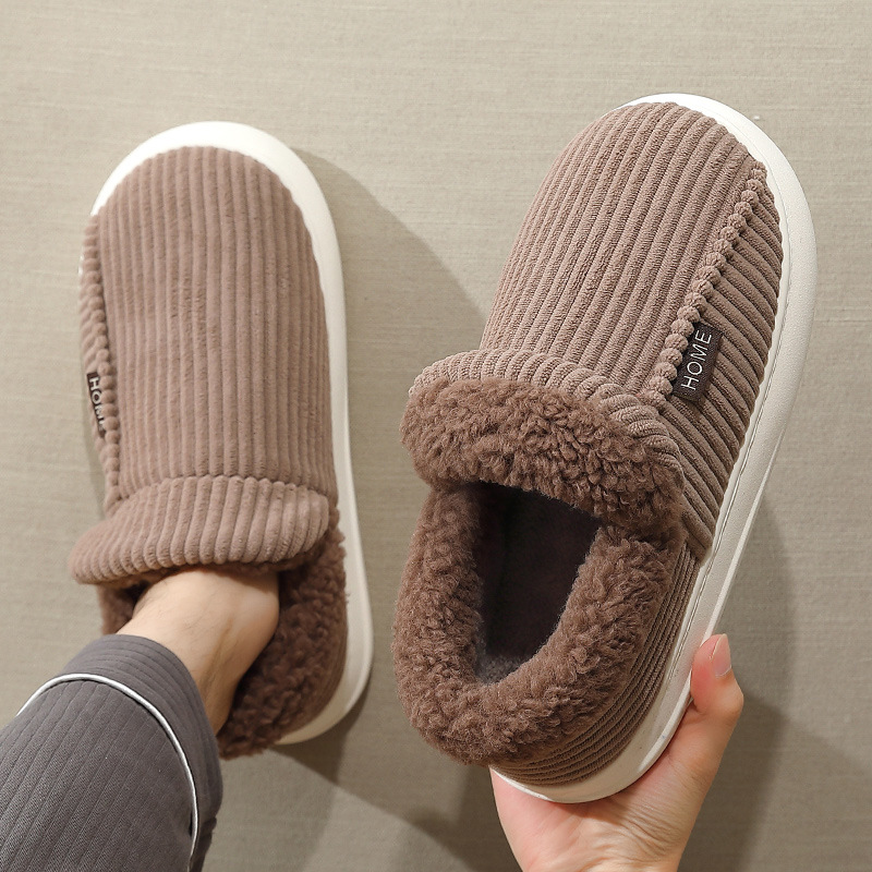 Home Cotton Slippers with Heel for Women Winter Large Size Plush Warm Thick Sole Home Men's Striped Cotton Shoes Men's Winter Wholesale