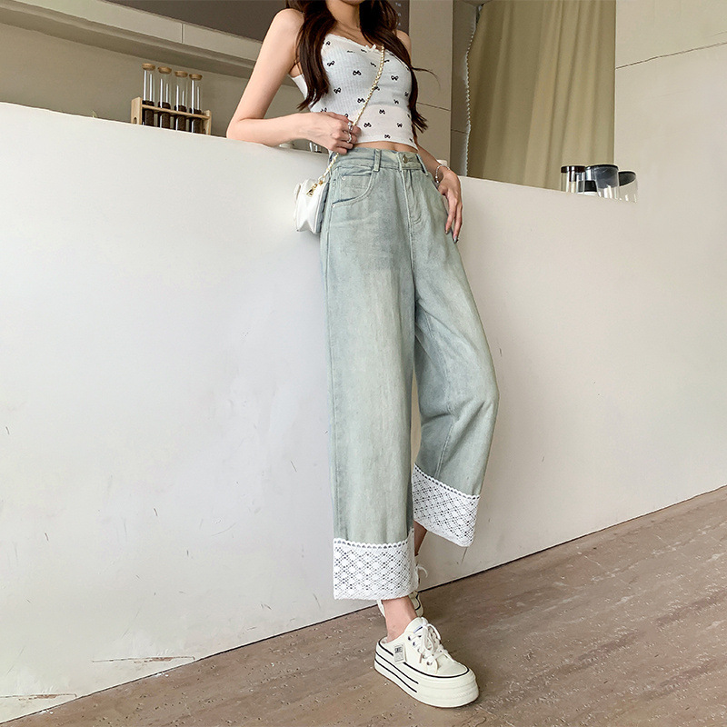 Light-colored Ripped Jeans Women's Summer Design Sense High Waist Hip Covering Slimming Curled Edge Small Nine-point Straight Pants