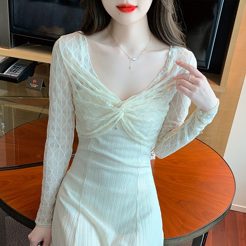 Picture of Short sun protection blouse for women Spring with suspender skirt outer wear thin shawl long sleeve see-through lace mesh top