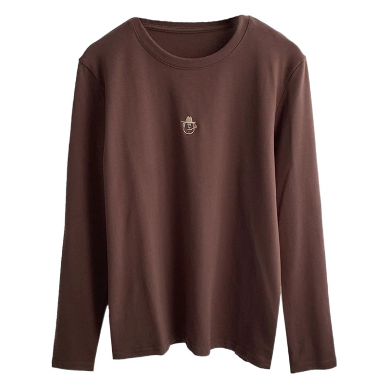 Embroidered Sanding Velvet Crewneck T-shirt Women's Clean Autumn and Winter New Loose Simple Solid Color All-match Pullover Top Trendy
