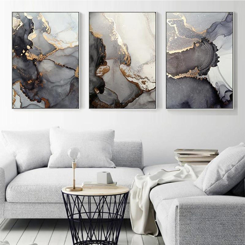 Aliexpress Hot Selling Modern Scandinavian Living Room Accessible Luxury Triptych Black and White Abstract Gold Foil River Decorative Painting Picture Painting Core