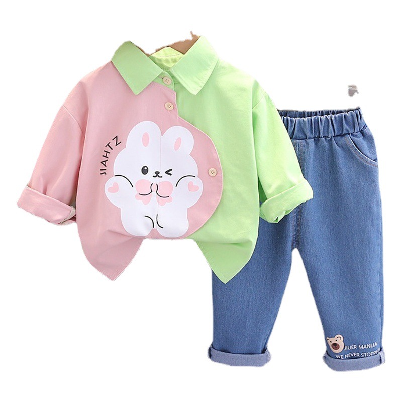 Spring and Autumn New Design cartoon print color matching top Denim trousers children suit two-piece set factory wholesale