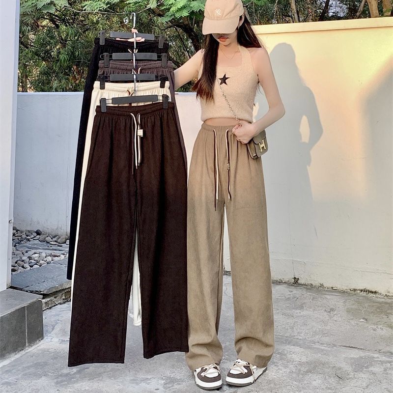 Picture of Grooved Cotton Velvet Smiley Face Double Drawstring Wide-Leg Pants for Women, Spring and Autumn High-Waist Drapey Loose Straight Ultra-Thin Stripe Casual Pants