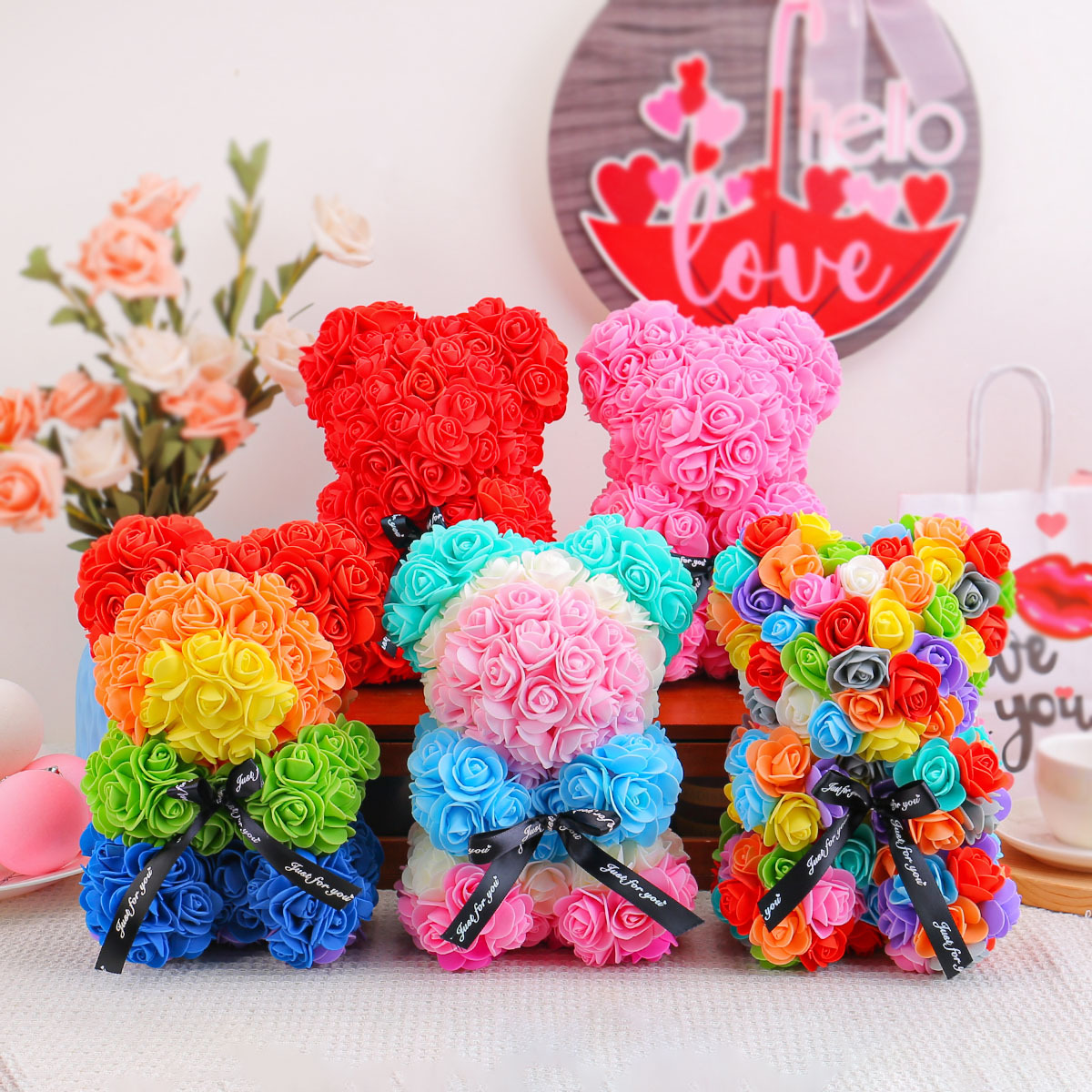 Valentine's Day Preserved Flower Rose Bear Doll Creative Simulation Pe Foam Flower Hug Bear as a Mother's Day Gift for Girlfriend