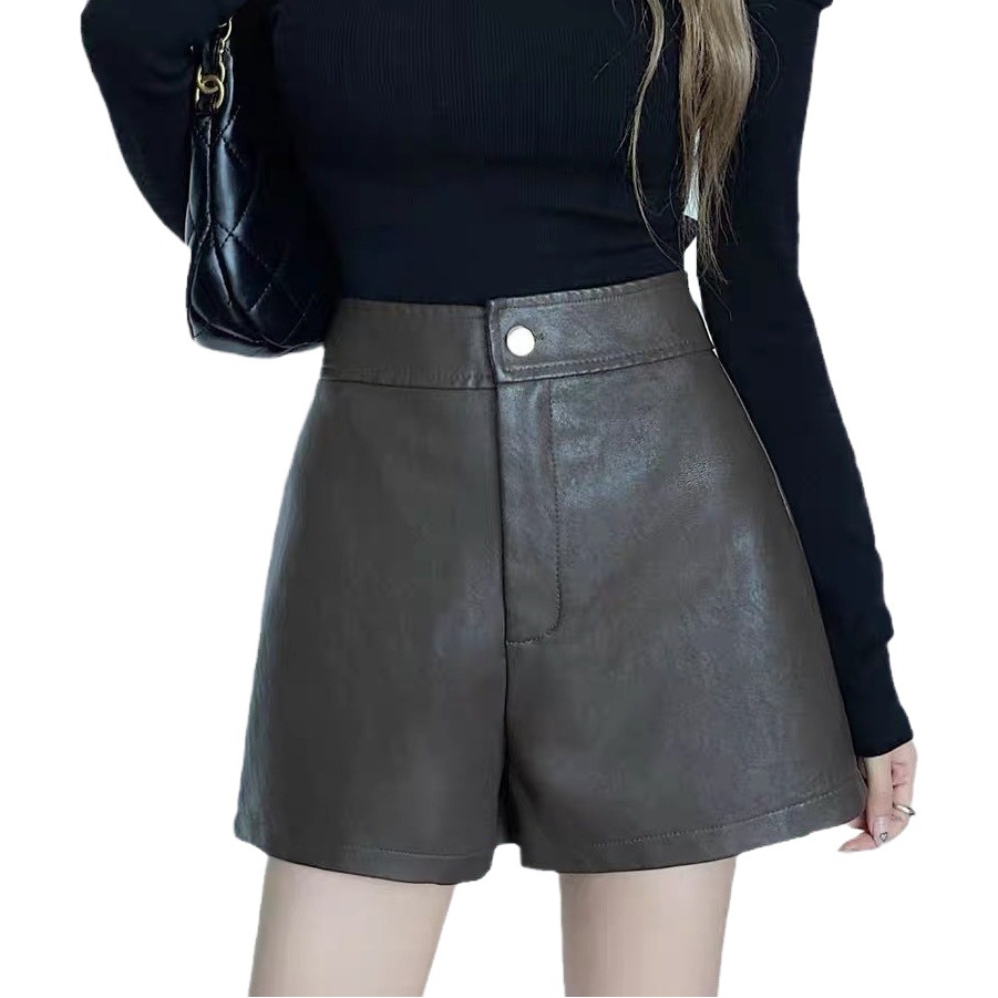New PU leather pants women's autumn and winter hot girl high waist slimming elegant socialite A- line casual wide leg shorts outer wear boot pants