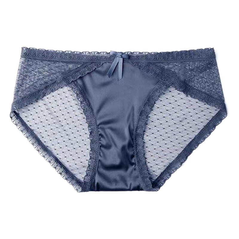 Seamless Ultra-Thin Satin Sexy Mesh Breathable Lace Panties for Women, Pure Cotton Crotch, Mid-Low Waist Briefs for Young Girls