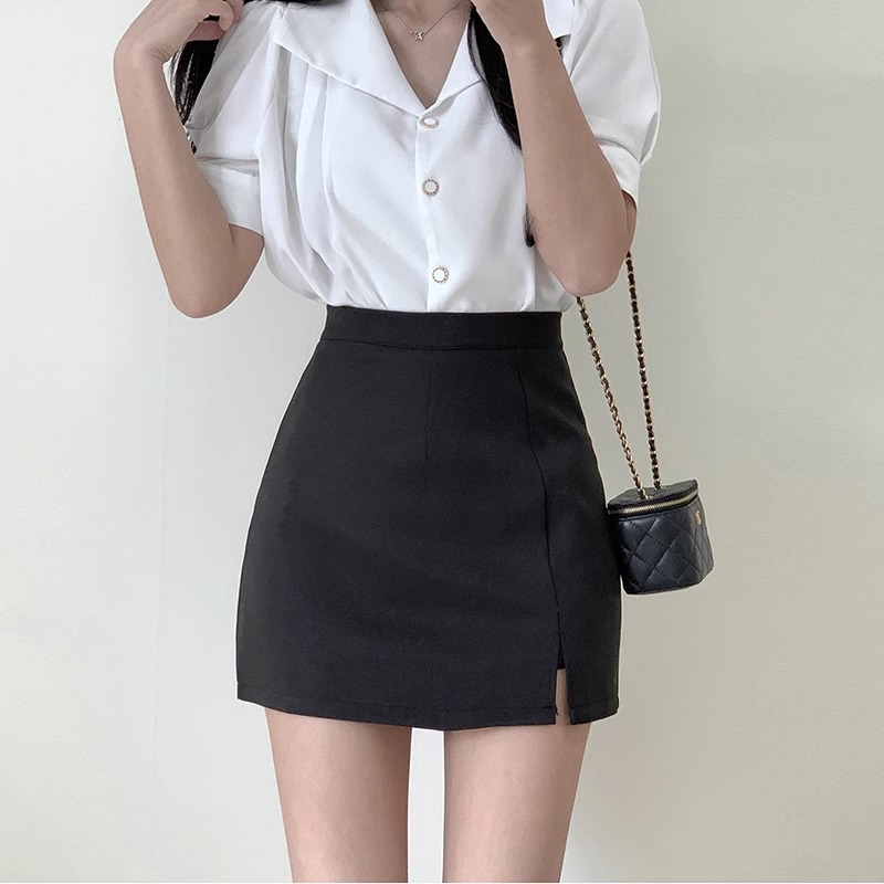 Grey Split Skirt Women's 2024 Spring New High Waist Hip Skirt Slimming A- line Skirt One-step Skirt Suit Skirt