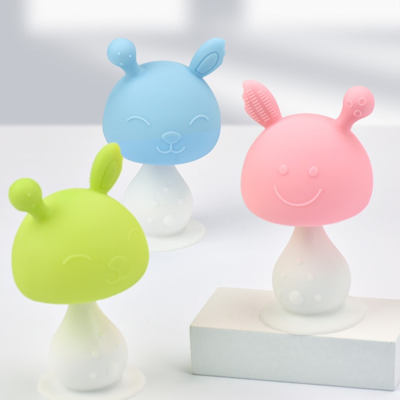 Small Mushroom Head Teether Baby Chewing Gum Fully Soft Food Grade Silicone Molar Stick Toy Rattle Treasure