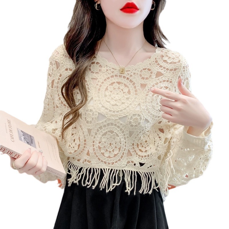 Picture of Retro ethnic style round neck tassel crocheted hollow batwing sleeve short pullover sweater blouse women's casual top