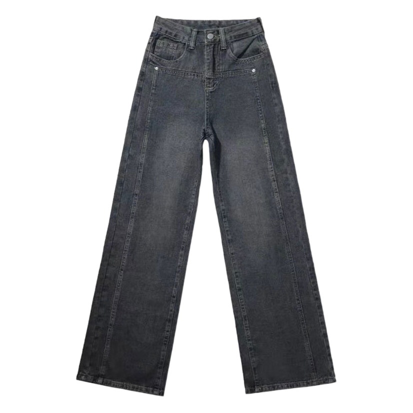 Cement gray pear-shaped straight jeans women's high waist loose nostalgic washed narrow stitching wide leg mop long pants