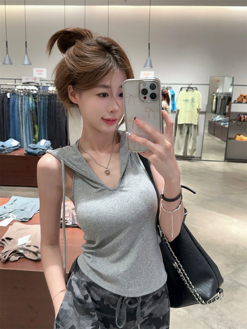 260g man cotton breast pad design hooded backless sleeveless V-neck vest slim fit thin short top