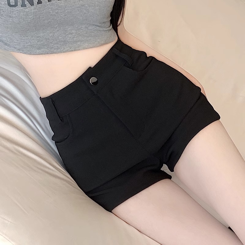 Spring and Summer New Shorts Women's Hot Pants High Waist Slimming Stretch Tight Black Outer Wearing Base Hip Wrappa Pants Polyester