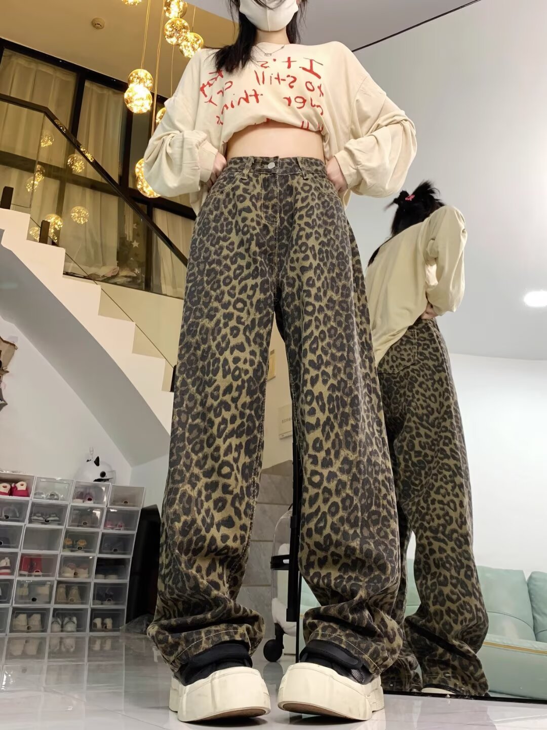 2024 New Trendy Leopard Print Jeans Women's Retro Design Sense Loose High Waist Straight All-match Casual Wide-leg Pants