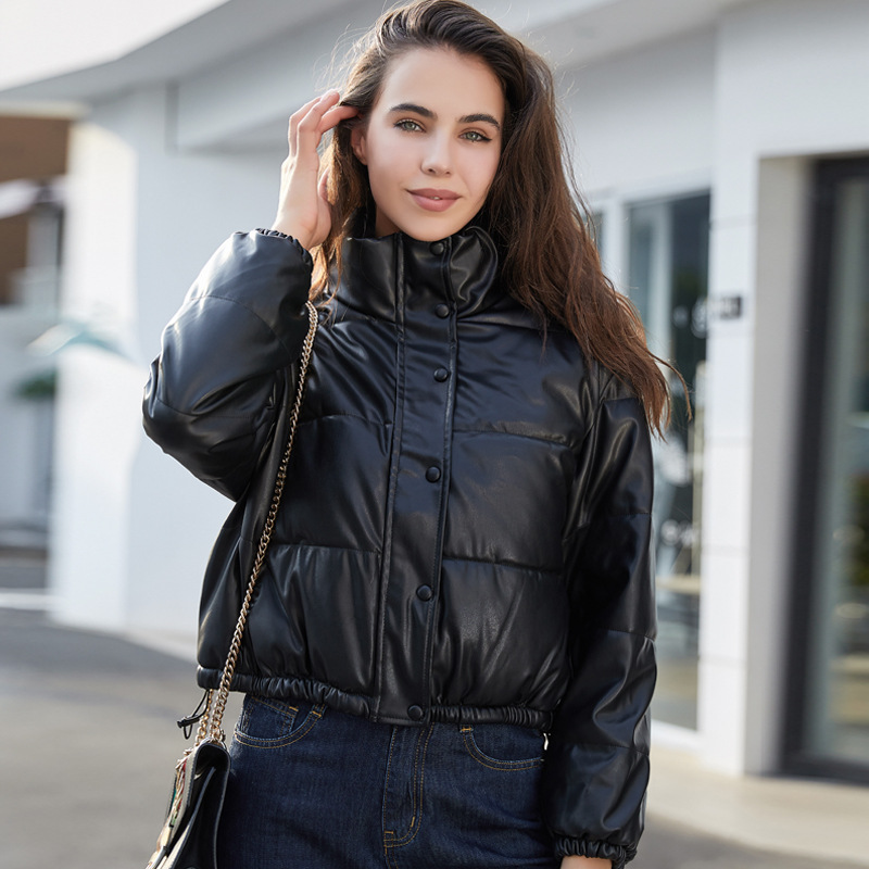 Picture of 2025 Autumn and Winter New Cross-Border Leather Jacket Plus Size Women's Navel-Baring Stand-Up Collar Leather Cotton Jacket