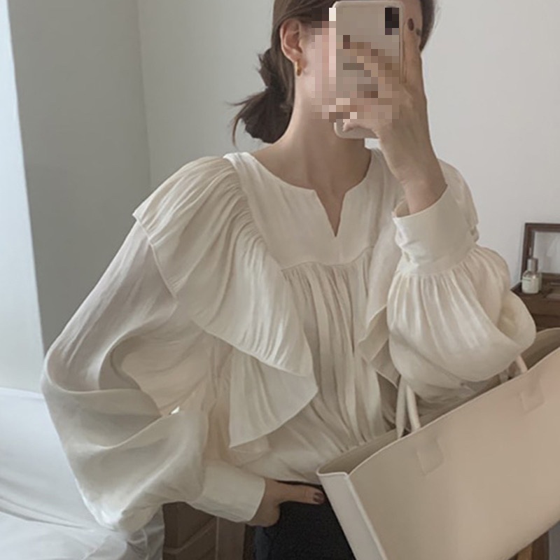Korean chic Design Niche Elegant Ruffled Pleated Shirt Women's Spring New Puff Sleeve Top