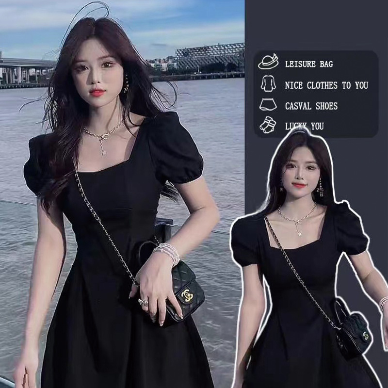 Hepburn style small black dress for women Summer new French retro square collar mid-length black puff sleeve dress