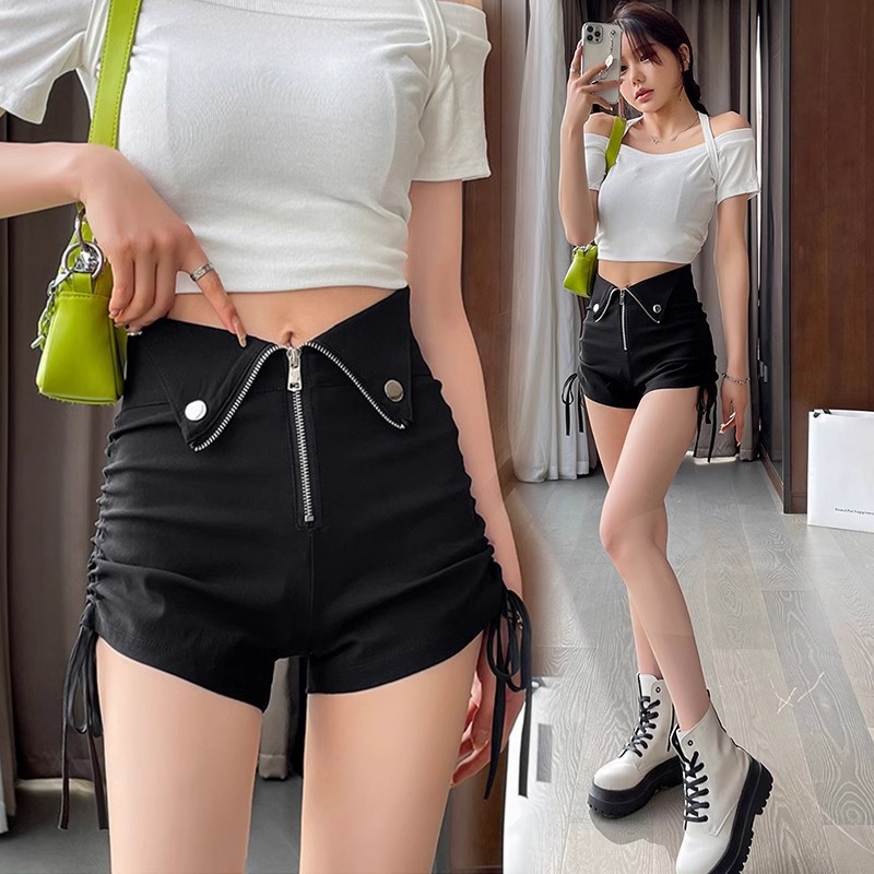 Black Shorts Women's New Explosions Design Sense High Waist Slimming Pants Sexy Spice Girls Drawstring Lace-up A- shaped Hot Pants