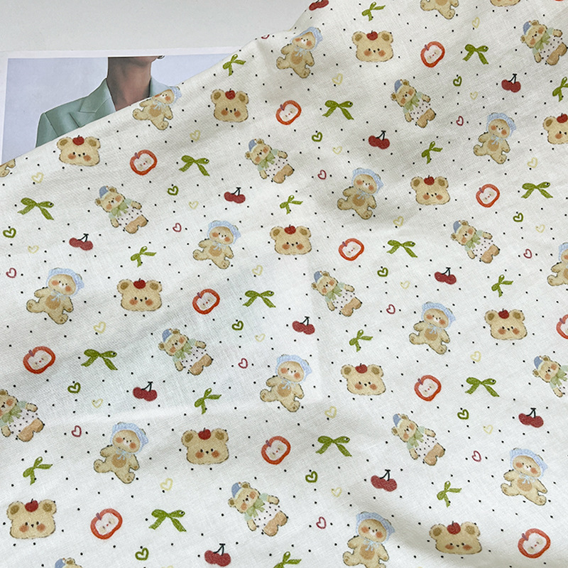 Cotton Fabric Maternal and Infant Grade Apple Bear 1.0m Price Double-Layer Gauze Fabric Printed Baby Clothing Pajamas Fabric