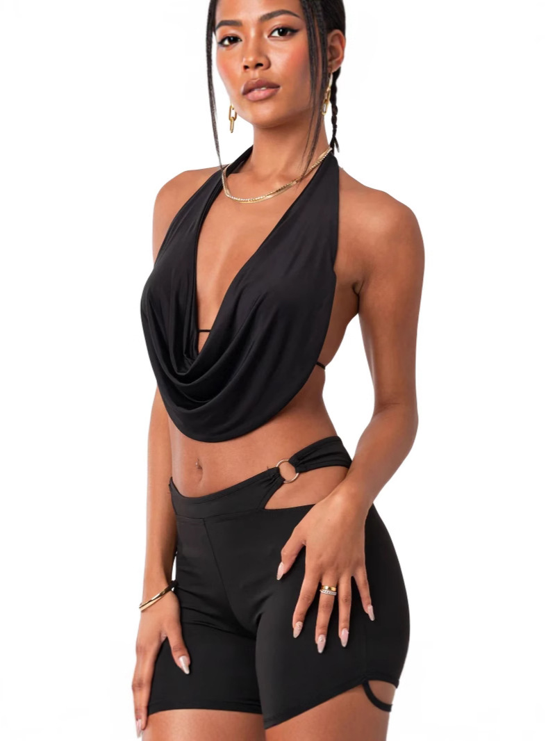 Amazon Cross-Border Export New Spring and Summer Sexy Hottie Deep V-Neck Backless Halterneck Pure Color Halterneck Sling for Women