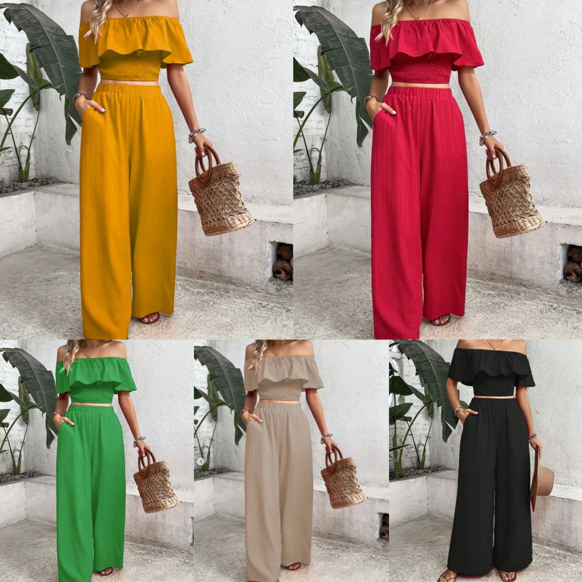 European and American Fashion 24 Summer Explosions Amazon Solid Color Shoulder Top Wide Leg Pants Two-Piece Set