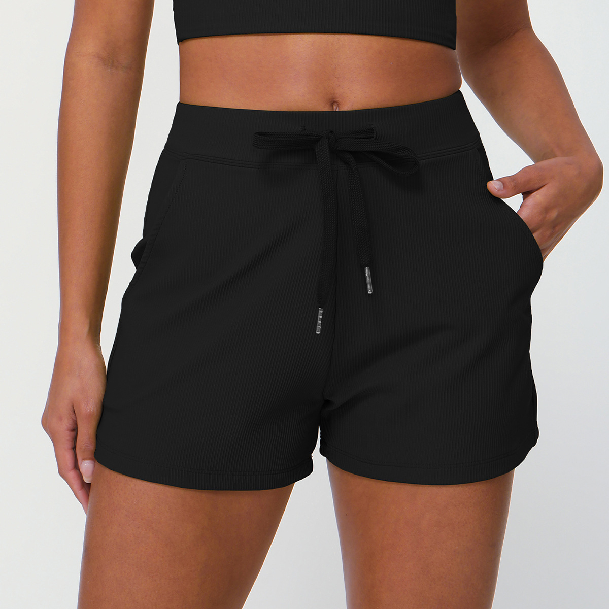 Picture of Cross-border Summer Rib Loose Casual Shorts Women's Drawstring Quick-drying Yoga Shorts Pocket High Elastic Sports Three-point Pants