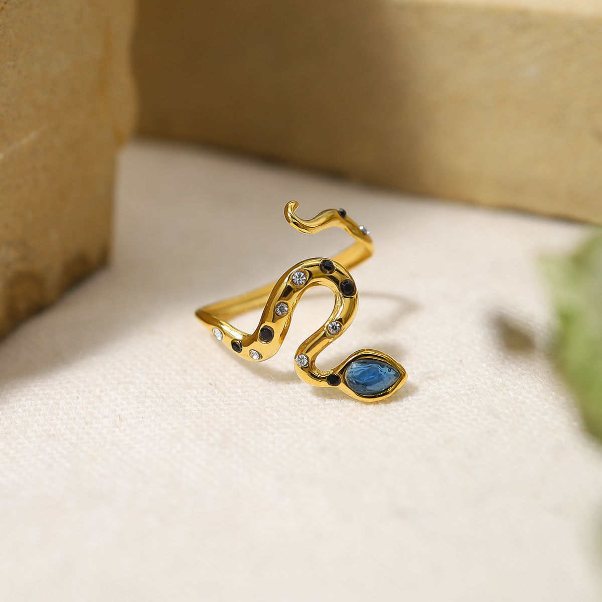 Picture of French blue zircon snake-shaped titanium steel ring 18K gold plated non-fading open ring foreign trade new bracelet wholesale