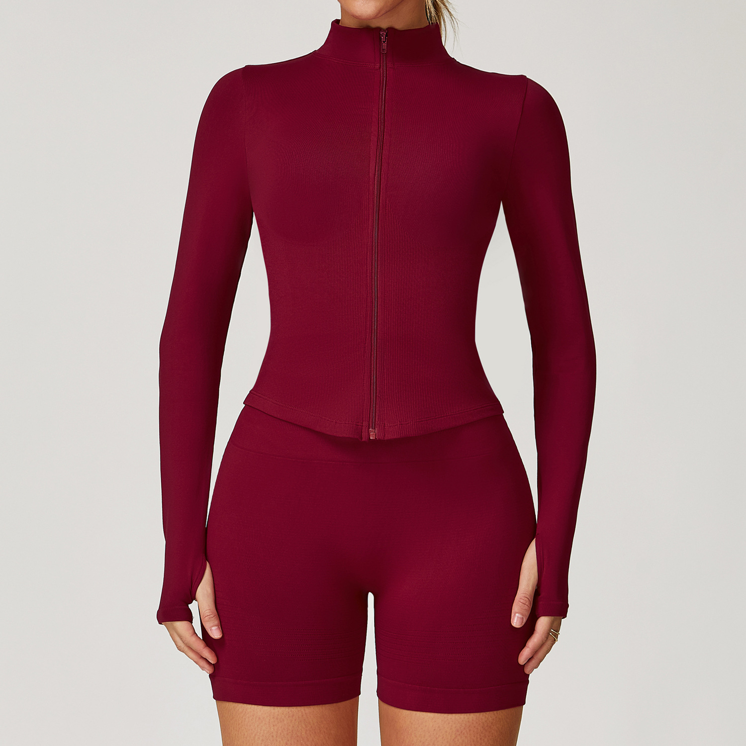 Picture of European and American stand collar zipper long sleeve yoga coat women's tight-fitting quick-drying yoga clothing outdoor fitness sports top 7725