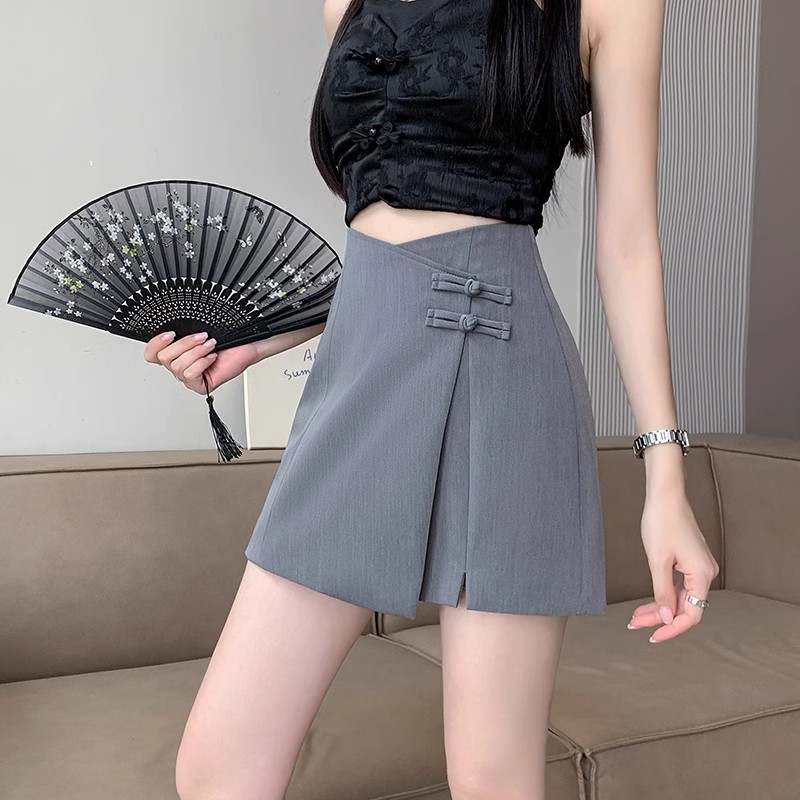 Picture of Grey A- line Short Skirt Women's Spring and Summer New Chinese Style Irregular Buckle Skirt Small Split Suit Culottes