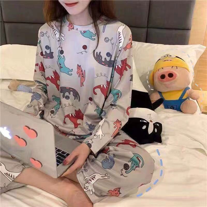 Long Sleeve Pajamas Women's Spring and Autumn Plus Size Pajamas Women's Summer Korean Style Outwear Women's Pajamas Plus Fatty Home Suit