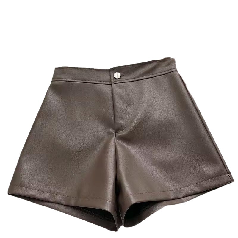 Women's high-waist PU leather A- line casual pants with one button, Korean-style fashionable all-match wide-leg shorts, 2020 Autumn