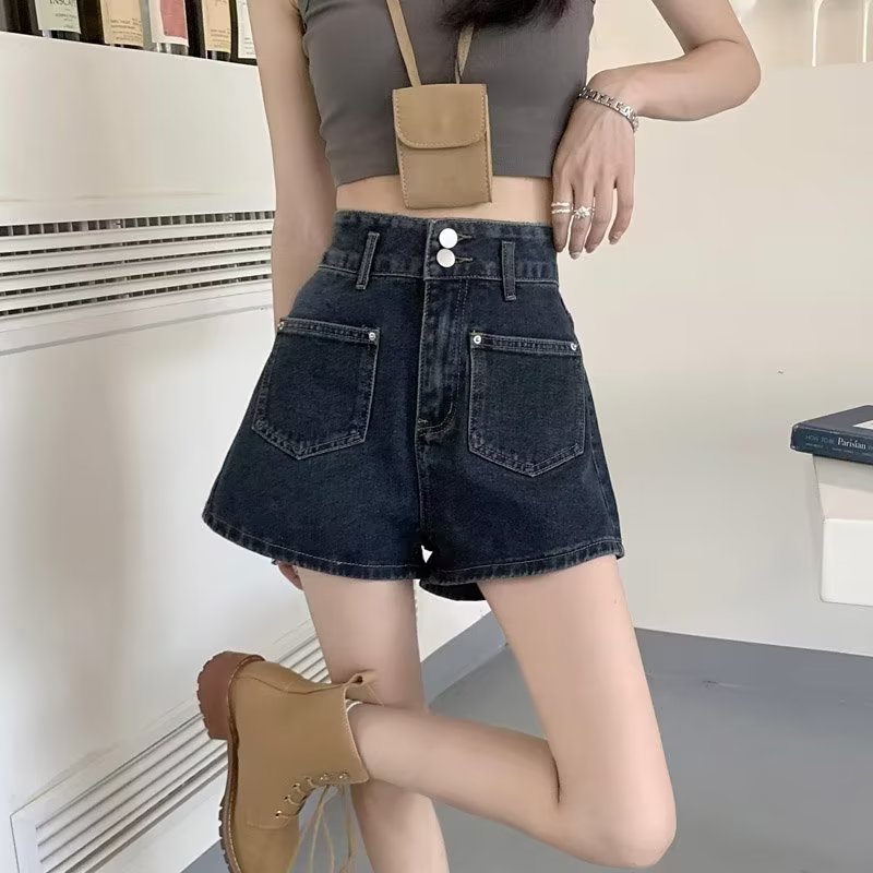 American Style High Waist Slim Look Denim Shorts Women's Small Loose Pants Summer Narrow A- character Straight Wide-leg Pants