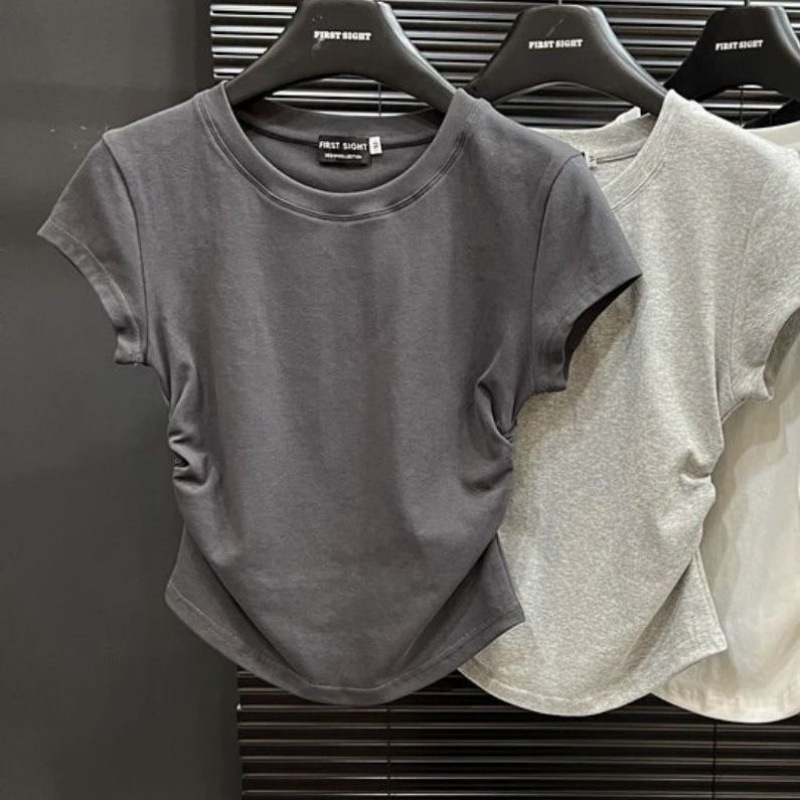 Pure Spice Girls Slim-fit Chest-revealing Short-sleeved Shirt Women's Summer 2024 New Arrival Pleated Design Short Top Women's Trendy