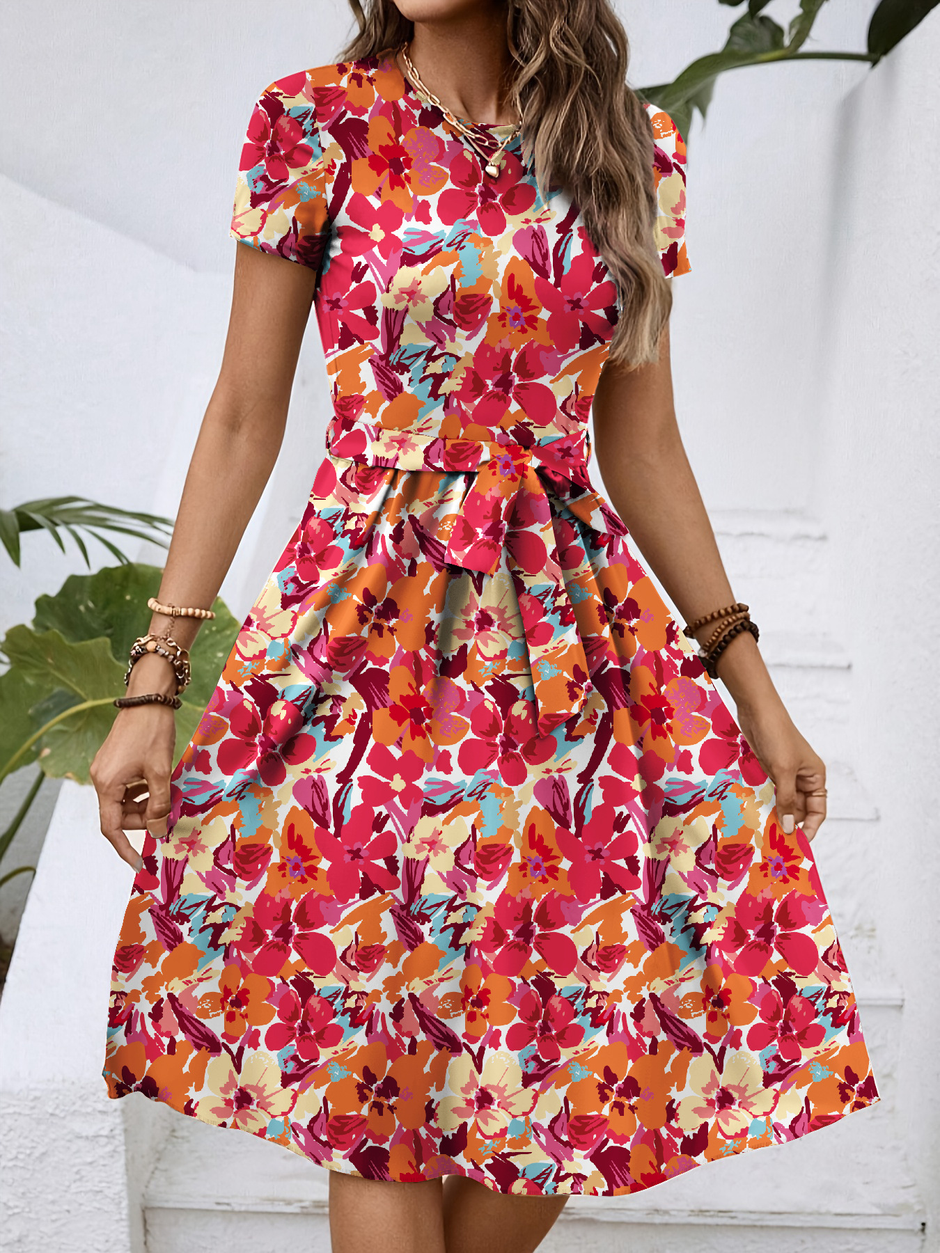 Europe and the United States cross-border Amazon Temu fashion trend temperament round neck short sleeve waist flower printing long link