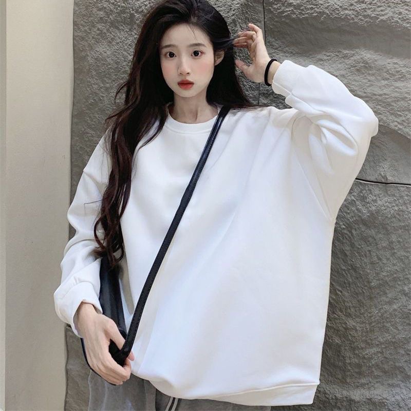 Autumn trendy brand Hong Kong-style black-and-white loose crewneck sweatshirt, couple's style, long-sleeve women's T-shirt, versatile outerwear top