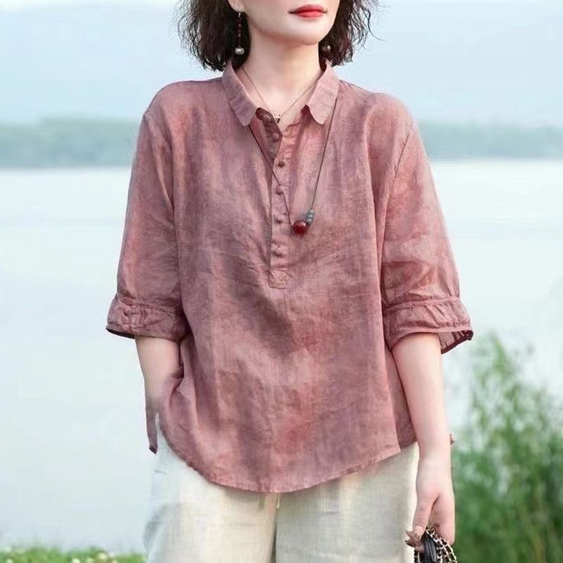 Women's 2024 New Jacquard Lapel Shirt Stylike Vintage Women's Sleeve Shirt Slim-fit Thin Small Shirt