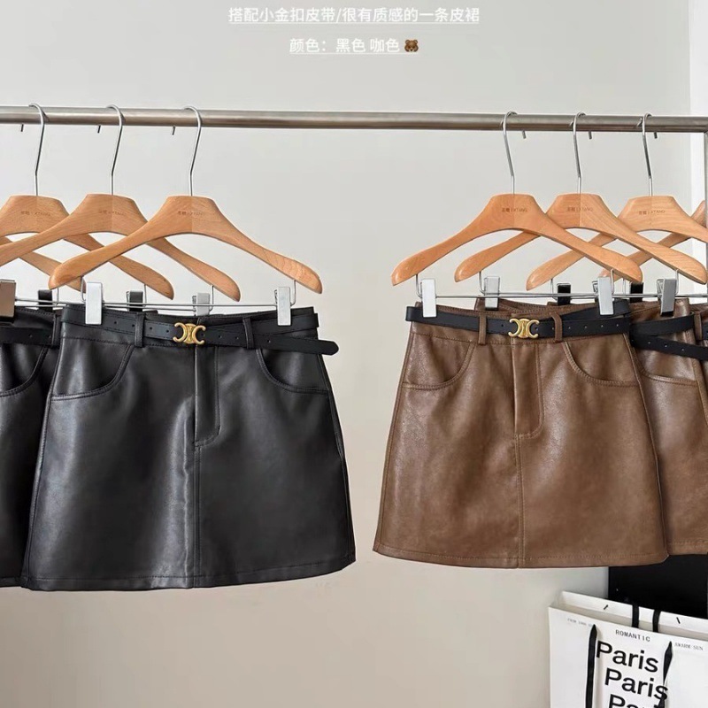 Spice Girls PU Leather Skirt Skirt Women's 2024 Autumn and Winter New High Waist Slimming All-match A- line Hip Skirt Black Skirt