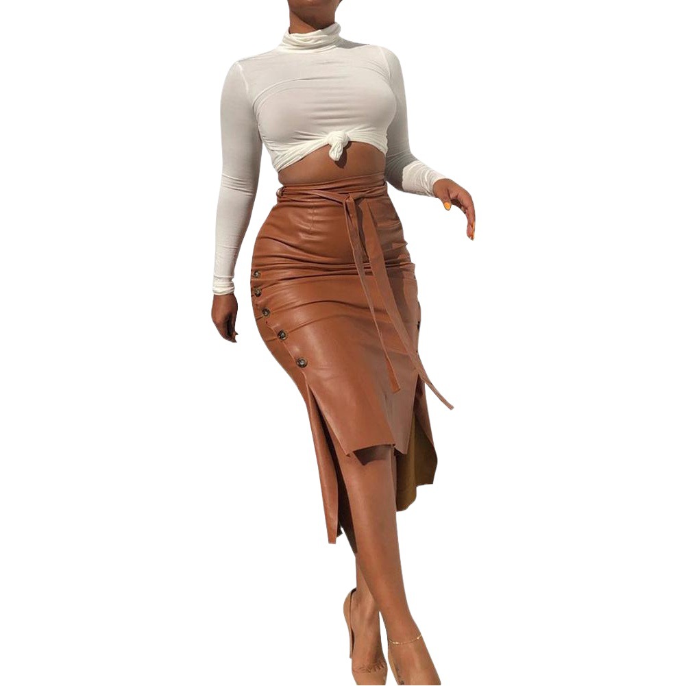Cross-border foreign trade European and American leather skirt Amazon women's clothing hot sale split slim mid-length hip half PU skirt generation hair