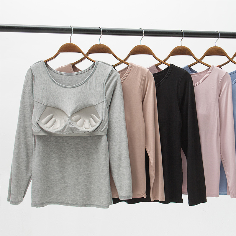 Women's long-sleeved T-shirt with chest pad spring and autumn home bottoming autumn clothes top Cup integrated underwear one-piece delivery