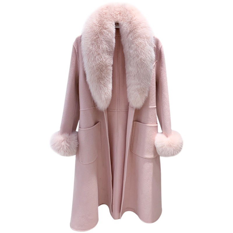 Picture of Australian wool double-sided cashmere three-dimensional skirt fox fur collar mid-length slim-fit princess pink woolen coat all-match