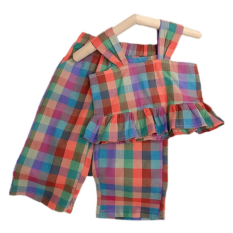 Girls' Suit Summer 2023 New Korean Style Fashionable Wide Leg Pants Stylish Baby Fashion Plaid Two-piece Set for Foreign Trade
