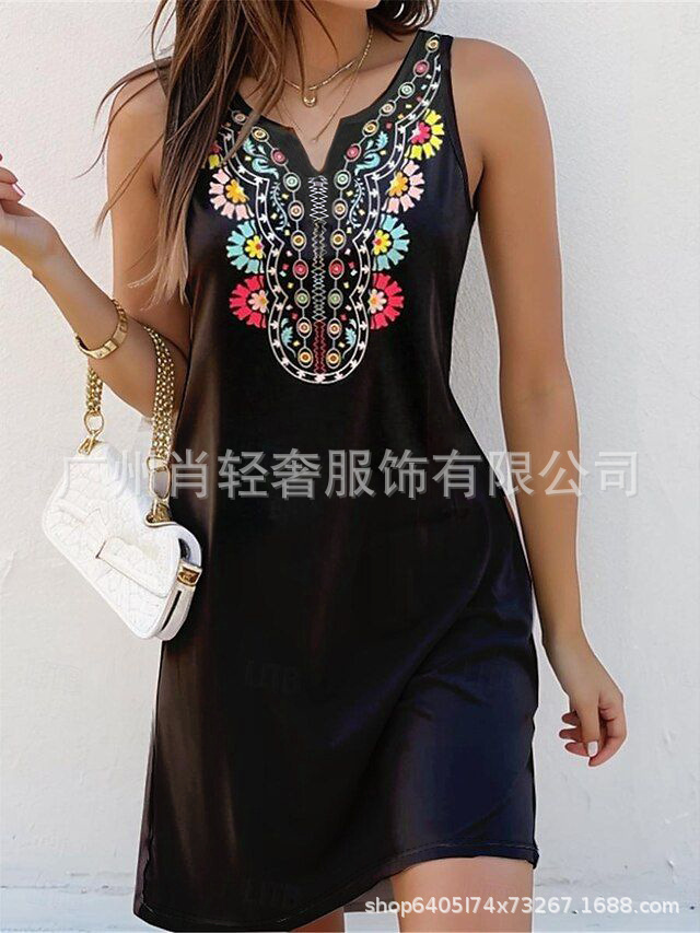 European and American foreign trade V-neck fashion printing elegant vest dress
