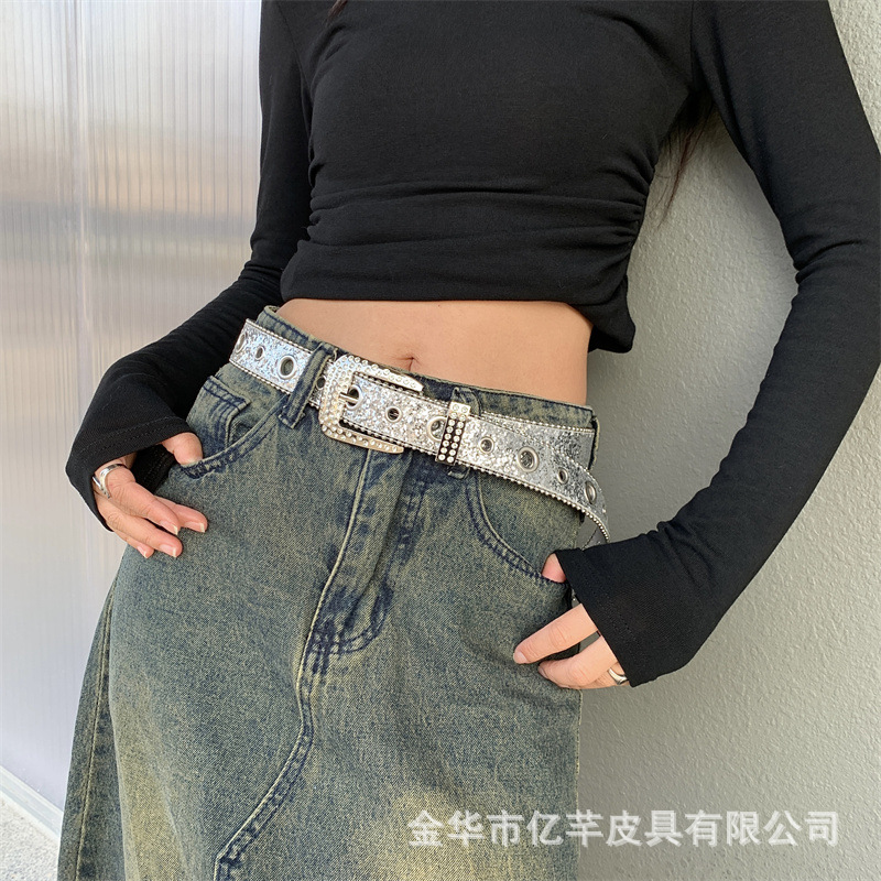 New Ladies Rhinestone Belt Trendy Fashion Rhinestone PU Belt silver Women Rhinestone Diamond All-match Women's Belt